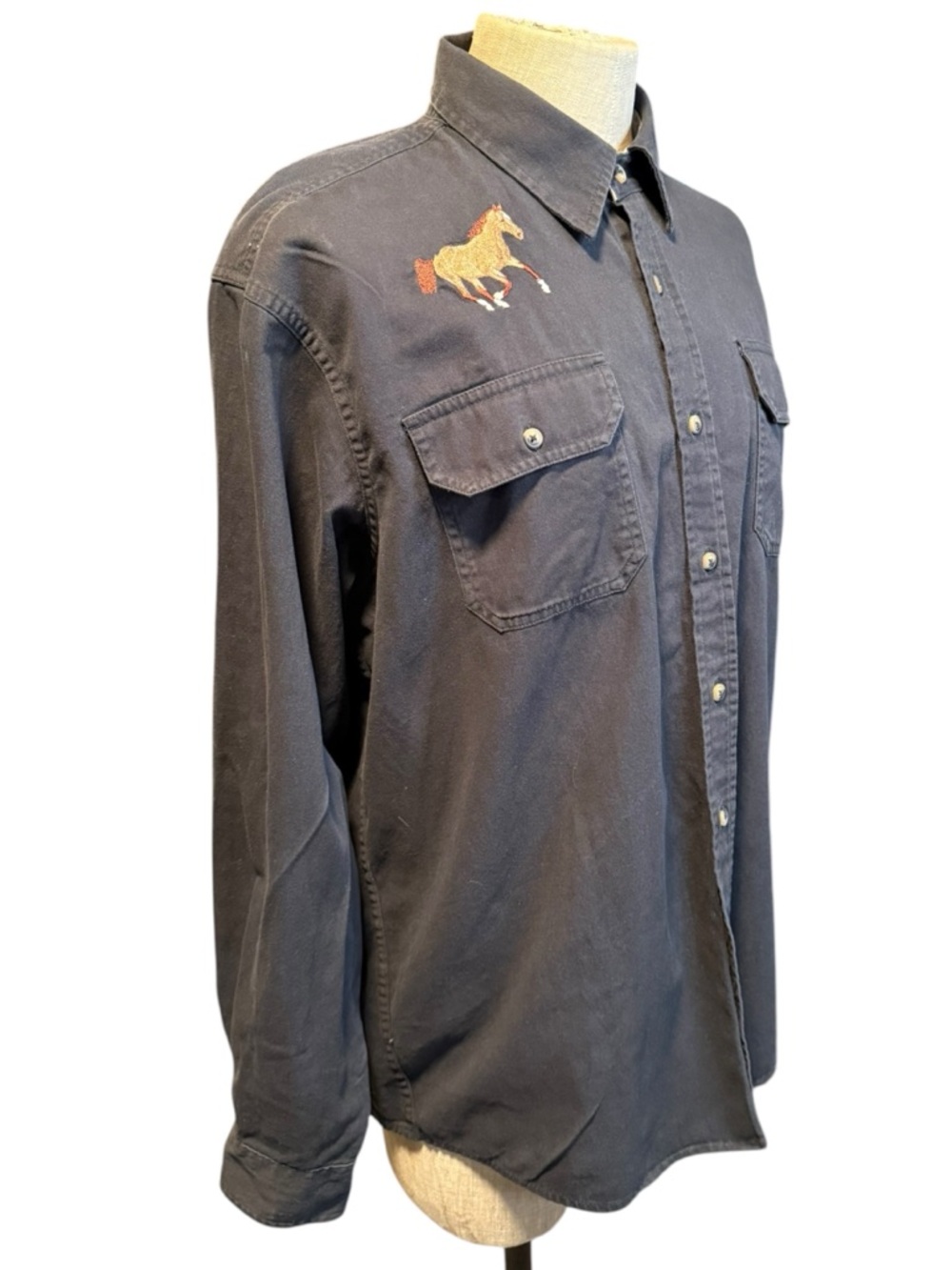 Wrangler Navy Button-Down Shirt with Embroidered Horse